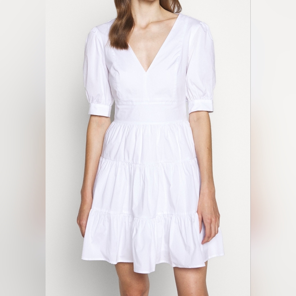 NWT Michael Michael Kors Puff Sleeve V-Neck Mini Tiered Dress White, Size Medium